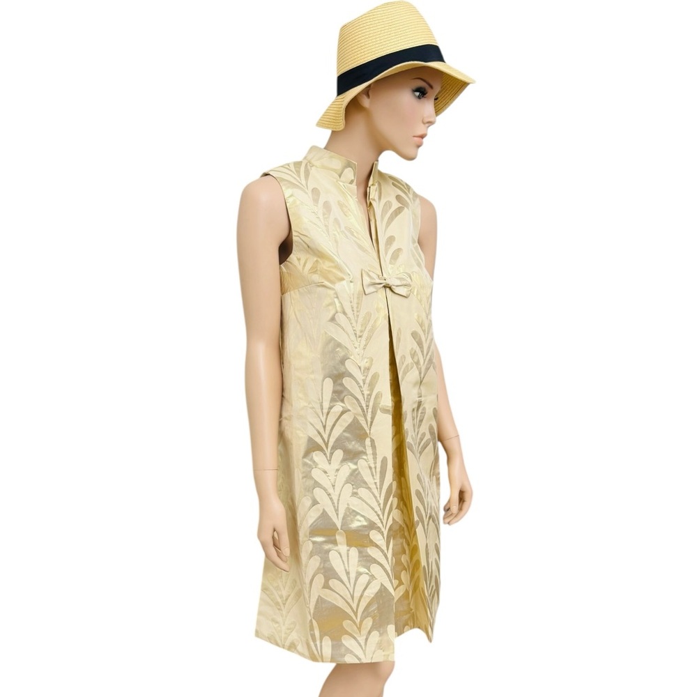 Frances Valentine Gold Metalic Shift Dress XS  Sleeveless Bow Front Jacquard - Picture 4 of 12